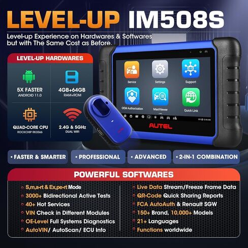 أداة المسح التشخيصي للسيارات Autel MaxiIM IM508S، 2026 تشخيص النظام الكامل، 3000+ اختبار ثنائي الاتجاه، 40+ إعادة تعيين، Android 11، 4-Core، 4/64G، FCA AutoAuth، ترقية MK808S MK808 MK900 in Kuwait
