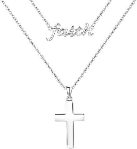 AOVEAO Faith Necklace,S925 Sterling Silver Double Layer Faith Cross Necklaces for Women Girls Sterling Silver Birthstone Pendant Jewlery- Christian faith Script Inspring Jewelry Gift in Kuwait