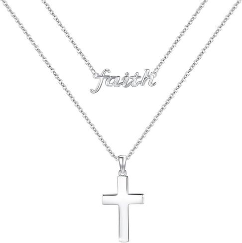 AOVEAO Faith Necklace,S925 Sterling Silver Double Layer Faith Cross Necklaces for Women Girls Sterling Silver Birthstone Pendant Jewlery- Christian faith Script Inspring Jewelry Gift in Kuwait