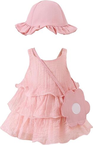 Renotemy Infant Baby Girl Summer Dress Chiffon Ruffle Layered Sling Sundress Party Outfits with Hat and Bag for Toddler Girls in Saudi Arabia