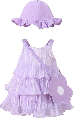 Renotemy Infant Baby Girl Summer Dress Chiffon Ruffle Layered Sling Sundress Party Outfits with Hat and Bag for Toddler Girls in Saudi Arabia
