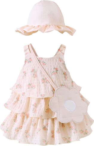 Renotemy Infant Baby Girl Summer Dress Chiffon Ruffle Layered Sling Sundress Party Outfits with Hat and Bag for Toddler Girls in Saudi Arabia