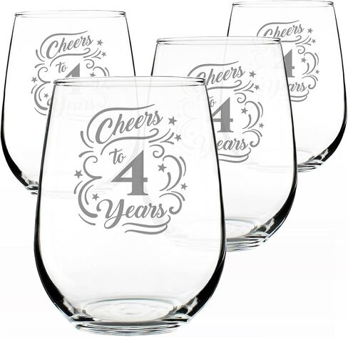 Cheers to 4 Years - هدايا زجاجية نبيذ بدون جذع للنساء والرجال - ديكور حفلات الذكرى السنوية الرابعة - أكواب كبيرة بوزن 17 أونصة in Kuwait