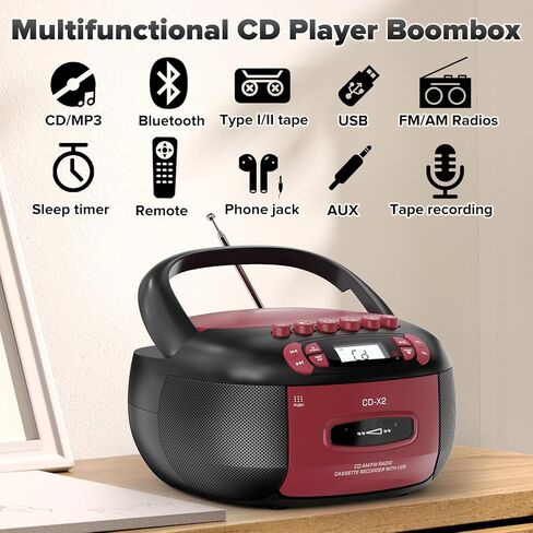 CD Player Boombox with Cassette Player: Portable CD Boom Box with Bluetooth,FM/AM,Tape Recorder and Remote - USB/MP3/AUX Player with Sleep Timer- AC/Battery Powered for Home/Outdoor/Gift in Saudi Arabia