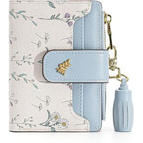 محافظ صغيرة للنساء RFID حجب الجلود نمط الزهور ثنائية الطي مع نافذة لبطاقة الهوية بسحاب جيب محفظة حامل بطاقة الائتمان للفتيات (الزهور، الأخضر البيج) in Kuwait