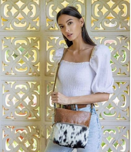 Myra Bag Engraved Crossbody Bag Upcycled Cowhide & Leather S-2877 in Saudi Arabia