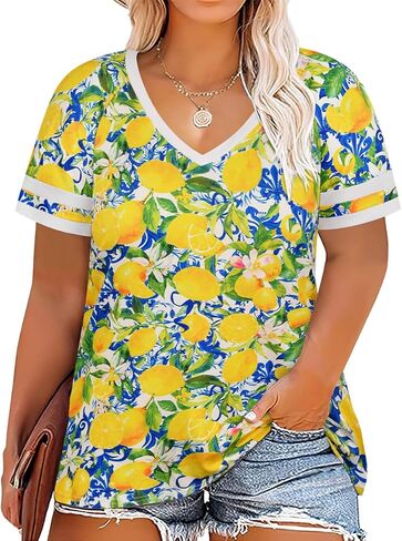 CARCOS Womens Plus Size Tops Short Sleeve Shirts V Neck Tunic Floral/Tie Dye/Solid Summer Tees XL-5X in Kuwait
