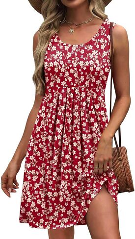 Akihoo Women Summer Casual Sleeveless Midi Plain Pleated Tank Vest Dresses in Kuwait