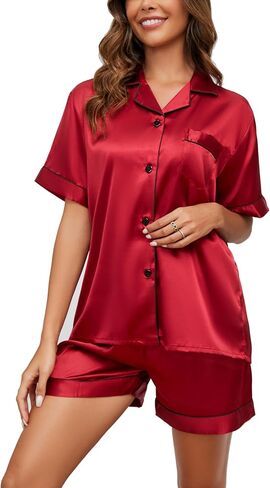 GAESHOW Satin Pajamas for Women, Short Sleeve Silk Pajama Set with Shorts Two Piece Pj Sets Button-Down Sleepwear Loungewear in Kuwait