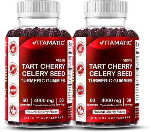 Vitamatic 2 Pack Tart Cherry with Celery Seed Gummies - 2400 mg Serving - Powerful Uric Acid Cleanse for Joint Comfort, Healthy Sleep Cycles & Muscle Recovery in Kuwait