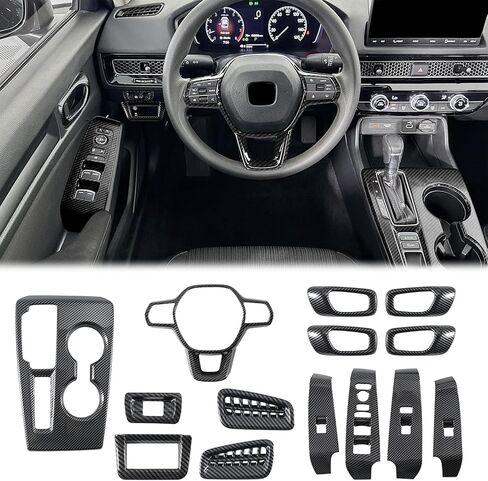 14 Pcs Carbon Fiber Interior Kit Compatible with 2022-2025 11th Gen Honda Civic, AC Air Vent Cover Steering Wheel Cover Gear Shift Panel Cover Inner Door Handle Cover in Kuwait