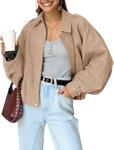 kissonic womens faux suede suded سترة قاذفة كبيرة الحجم batwing long sleeve zip Up اقتصاص الملابس الشارع in Saudi Arabia