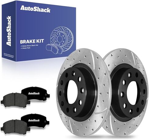 AutoShack 10.39" (263.9 mm) Rear Solid Drilled & Slotted Brake Rotors E-Coated + Ceramic Brake Pads Replacement for 2013-2016 Dodge Dart 6-PC Brake Kit ShadowGuard in Saudi Arabia