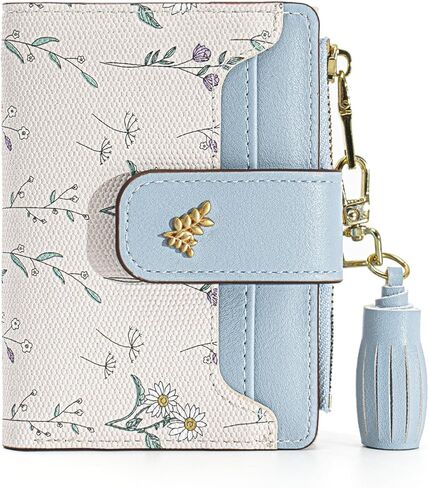محافظ صغيرة للنساء RFID حجب الجلود نمط الزهور ثنائية الطي مع نافذة لبطاقة الهوية بسحاب جيب محفظة حامل بطاقة الائتمان للفتيات (الزهور، الأخضر البيج) in Kuwait