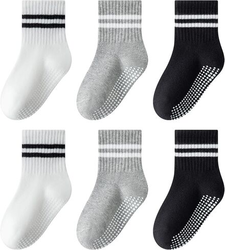 Toddler Non-Slip Socks Unisex Baby Grip Stripe Crew Cotton Socks | Seamless Ankle Socks with Retro Elastic Sock Cuff for Boys Girls Kids 6 Pairs in Saudi Arabia