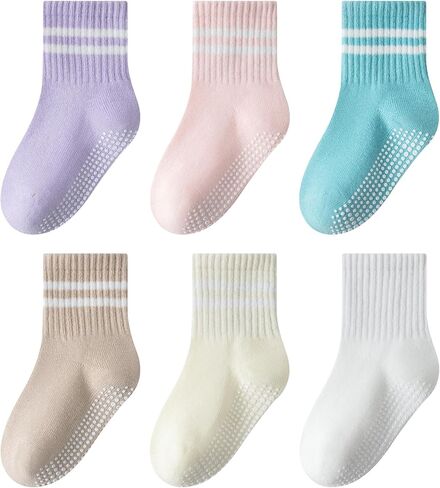 Toddler Non-Slip Socks Unisex Baby Grip Stripe Crew Cotton Socks | Seamless Ankle Socks with Retro Elastic Sock Cuff for Boys Girls Kids 6 Pairs in Saudi Arabia