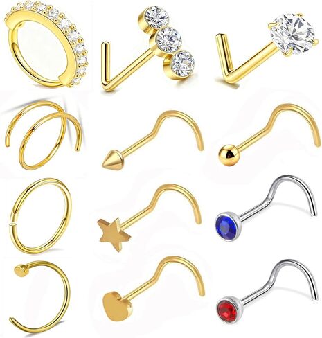 20G Surgical Stainless Steel Nose Rings Hoops & Studs - Hypoallergenic Nose Screw Piercing with 2-3mm Gold-Tone CZ, Multi-Size for Women Men in Saudi Arabia