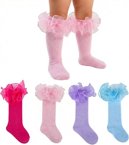 Baby Knee High Socks Girls Non Slip Long Socks Lace Ruffle Stockings for Newborn Infant Toddler Kids 0-8 Years Old in Saudi Arabia