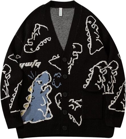 سترة Flygo Mens Dinosaur Sweater كبيرة الحجم كرتون محبك أسفل سترة سترة كارديجان in Saudi Arabia