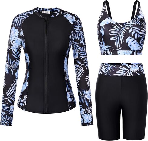 GRACE KARIN Women's 3 Piece Rash Guard Built-in Bra Long Sleeve UV Sun Protection Swimsuit Zip up Swim Top Shirt Modest in Kuwait