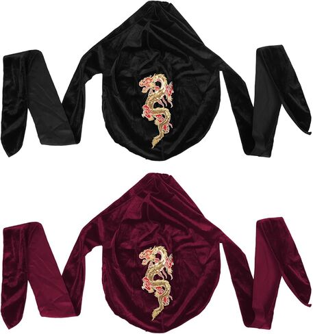 2Pcs Velvet Durag Wave Cap Bandanas Skull Cap Ribbon Strap Hip-hop Pirate Headwraps Men Women Doo Durag Headwear in Saudi Arabia
