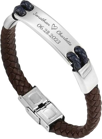 Qina C. Personalized Mens Bracelet Genuine Leather Cuff Stainless Steel Laser Engraved Name Date Initial Love Note Handcrafed Braided Wristband Gift f/Bifrthday Valentines day Anniversary in Saudi Arabia