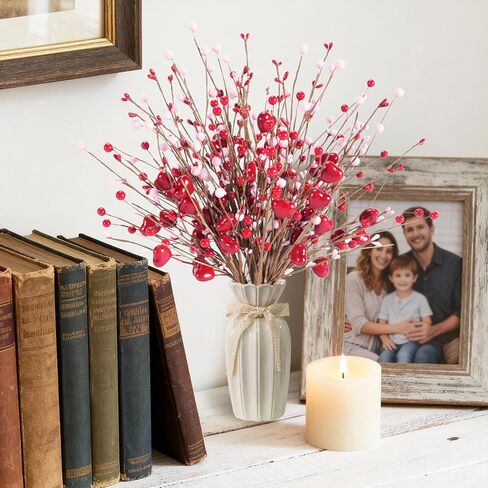 Valentines Day Decorations Valentine's Day Gifts 24 Pack Pink Heart Shaped Berry Picks with Red Berries for Valentine Wedding Candlelight Dinner Anniversary Decorations (Pink) in Saudi Arabia