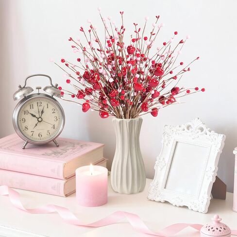 Valentines Day Decorations Valentine's Day Gifts 24 Pack Pink Heart Shaped Berry Picks with Red Berries for Valentine Wedding Candlelight Dinner Anniversary Decorations (Pink) in Saudi Arabia