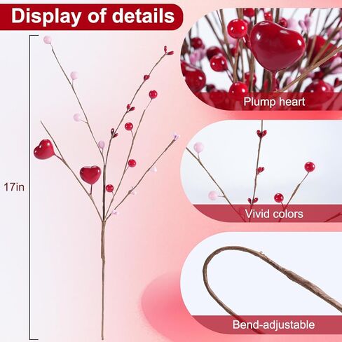 Valentines Day Decorations Valentine's Day Gifts 24 Pack Pink Heart Shaped Berry Picks with Red Berries for Valentine Wedding Candlelight Dinner Anniversary Decorations (Pink) in Saudi Arabia
