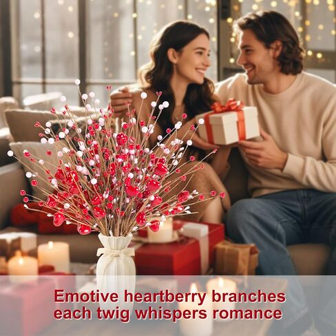 Valentines Day Decorations Valentine's Day Gifts 24 Pack Pink Heart Shaped Berry Picks with Red Berries for Valentine Wedding Candlelight Dinner Anniversary Decorations (Pink) in Saudi Arabia