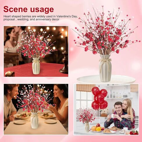 Valentines Day Decorations Valentine's Day Gifts 24 Pack Pink Heart Shaped Berry Picks with Red Berries for Valentine Wedding Candlelight Dinner Anniversary Decorations (Pink) in Saudi Arabia