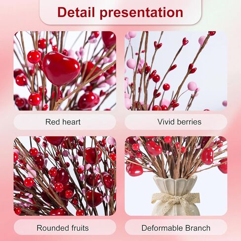 Valentines Day Decorations Valentine's Day Gifts 24 Pack Pink Heart Shaped Berry Picks with Red Berries for Valentine Wedding Candlelight Dinner Anniversary Decorations (Pink) in Saudi Arabia
