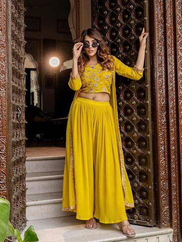 TRENDMALLS Women's Georgette Embroidery Crop Top with Flared Pleated Palazzo and Shrug Set in Saudi Arabia