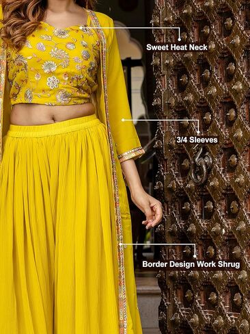 TRENDMALLS Women's Georgette Embroidery Crop Top with Flared Pleated Palazzo and Shrug Set in Saudi Arabia