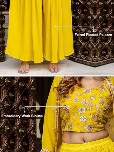 TRENDMALLS Women's Georgette Embroidery Crop Top with Flared Pleated Palazzo and Shrug Set in Saudi Arabia