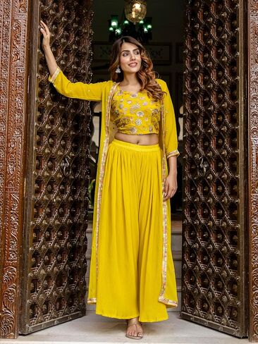 TRENDMALLS Women's Georgette Embroidery Crop Top with Flared Pleated Palazzo and Shrug Set in Saudi Arabia