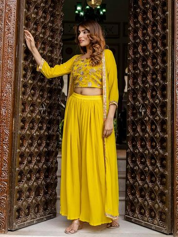 TRENDMALLS Women's Georgette Embroidery Crop Top with Flared Pleated Palazzo and Shrug Set in Saudi Arabia