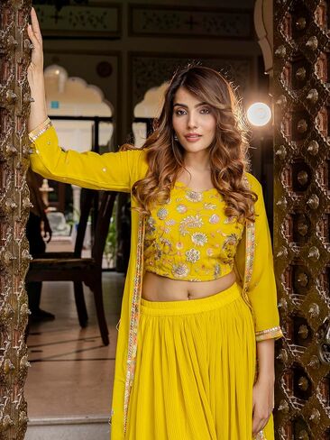 TRENDMALLS Women's Georgette Embroidery Crop Top with Flared Pleated Palazzo and Shrug Set in Saudi Arabia