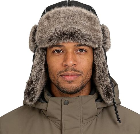 PENINSULA LOVE PU Leather Trapper Hat Faux Fur Trooper Cap Waterproof Ushanka Cossack Hat Winter Warm Hunting Cap Men Women in Saudi Arabia