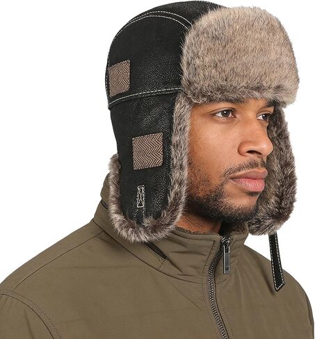 PENINSULA LOVE PU Leather Trapper Hat Faux Fur Trooper Cap Waterproof Ushanka Cossack Hat Winter Warm Hunting Cap Men Women in Saudi Arabia