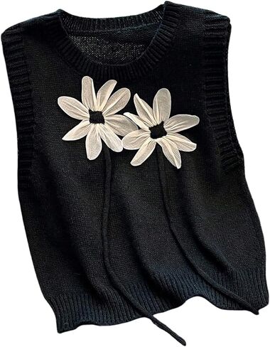 Verdusa Women's 3D Floral Sweater Vest Sleeveless Crew Neck Lightweight Knitted Tank Top in Saudi Arabia