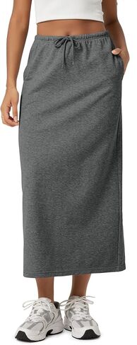 ODODOS Women's Back Split Midi Skirt - Cotton French Terry Drawstring Tie High Waist Casual Long Pencil Skirts with Pockets in Saudi Arabia