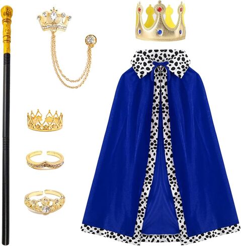 7Pcs King Costume Outfit for Kids-Red Royal Cape Golden Crown Assembled Scepter Crown Chain Brooch 3 Crown Rings in Saudi Arabia