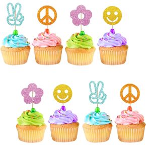24pcs Hippie Party Cupcake Toppers, Two Groovy Cupcake Toppers, Pink Glitter Daisy Cake Decoration for Girl, 60s Retro Themed Birthday/Baby Shower Party Supplies