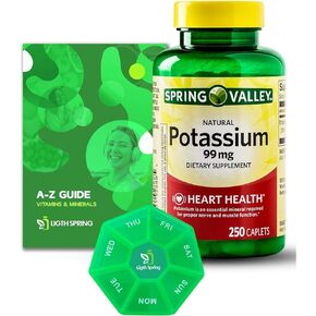 Spring Valley Potassium Capsules, 99 mg, 250 Count Bundle with Exclusive Vitamins & Minerals A to Z - Better Light&Spring Guide + Weekly Pill Organizer (3 Items)