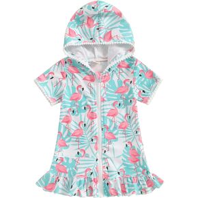 Licupiee Girls Hooded Zip Terry Coverups Swimsuit Kids Baby Girl Floral Print Short Sleeve Swim Cover-Up Swimwear