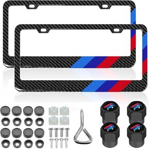 GLAHORSE License Plate for BMW Premium Black Steel Logo License Plate Holder Compatible All Vehicle License Plate Tag Cover Fit Accessories Included (Black-Carbon Fiber-Blue Blue red)