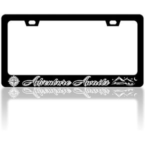 Adventure Awaits License Plate Frame Mountains Compass License Plate Frames Funny Auto Accessory Bracket Stainless Steel License Plate Cover with Screws for Women Men 6x12 Inch