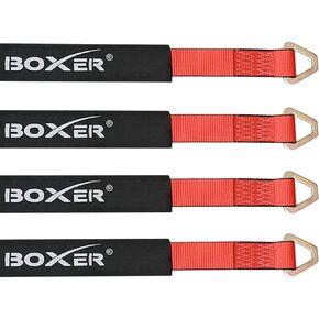 Boxer 4 Pack 2" x 24" Premium Red Axle Straps Tie Downs w/Delta Ring - Adjustable Tire Wheel Tie Down with Protective Sleeve