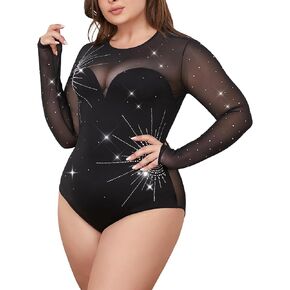 Sveltors Women's Plus Size Rhinestone Mesh Bodysuits Long Sleeve Sexy Sparkly See Through Leotard Tops